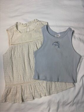Zara Girls White Flowy Top and Blue Ribbed Tank Top Duo Size 9-10